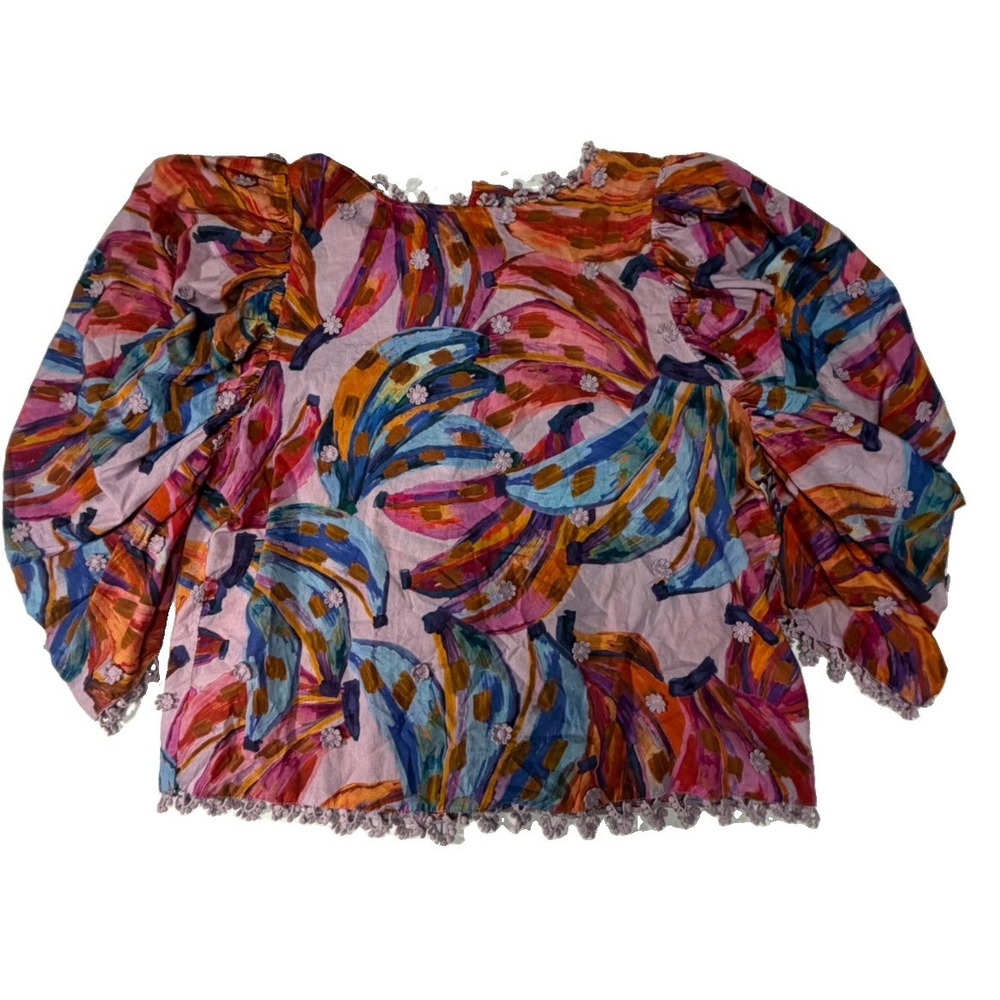 FARM Rio Spring Bananas Blouse Women's M Pink Puff Sleeve Floral 3D Cotton